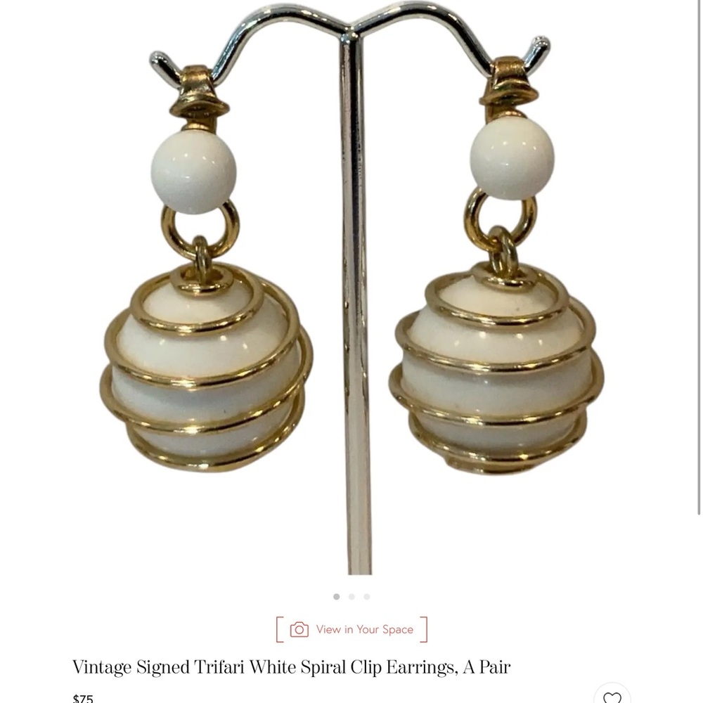 Trifari Gold and White Layered Clip Earrings